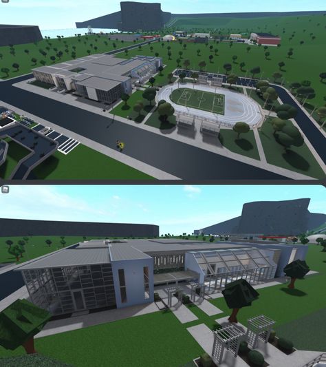 Bloxburg Football Field, Bloxburg School Parking Lot, School Gym Bloxburg, Bloxburg School Entrance, Bloxburg Bleachers, Bloxburg Country Club, Bloxburg College Ideas, Bloxburg School Ideas Layout With Dorms, High School Floor Plans Layout Bloxburg