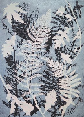 Stef Mitchell  - Fresh from my studio - Wintery Ferns Monoprint Artists, Stef Mitchell, Ceramic Nature, Gelli Plate Art, Mono Print, Blue Fern, Gelli Arts, Plate Art, Flowers Print