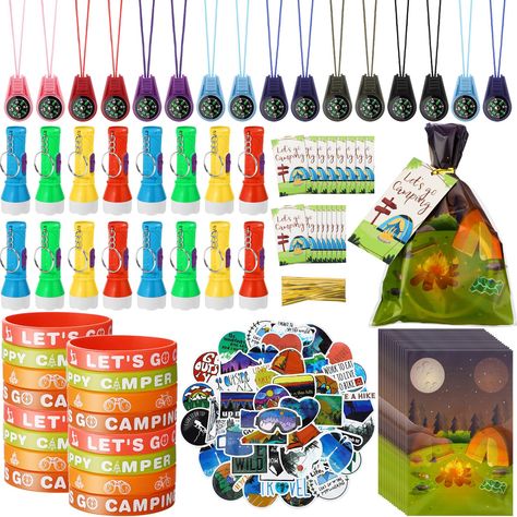 PRICES MAY VARY. 130 Camping Party Favors: there are 130 camping party favors, including 16 silicone bracelets, 16 mini flashlight keychains, 16 mini compasses, 16 opp bags, 16 greeting card tags and 50 camping stickers, abundant camping theme party items are enough for your camping party needs Camping Theme: the set of camping party decorations are designed with various camping elements, such as compass, map, backpack, tent, mountain, sea, animals and so on, presenting cute and interesting feel Happy Camper Party, Friend Birthday Party, Camping Party Decorations, Camping Party Favors, Adventure Birthday Party, Camping Theme Party, Mini Flashlights, Adventure Theme, Camping Birthday