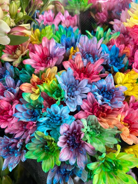 Rainbow flowers bouquet aesthetic Rainbow Flower Arrangement, Chrysanthemum Wedding Bouquet, Chrysanthemum Wedding, Aesthetic Bouquet, Chrysanthemum Bouquet, Daisy Bouquet, Beautiful Bouquet Of Flowers, Bratz Doll, Rainbow Flowers