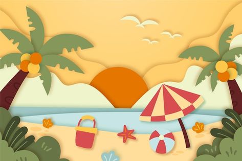 Summer Theme Design, Beach Graphic Design, Beach Drawing, School Board Decoration, Construction Paper Crafts, Baby Birthday Themes, 3d Paper Art, Happy Birthday Wallpaper, Beach Illustration