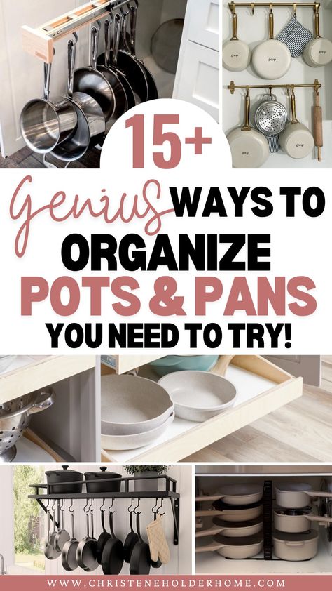 Struggling to keep your pots and pans organized? Discover 15+ smart solutions to organize your kitchen cabinets for pots and pans, maximizing your storage space and making your kitchen more functional! Cast Iron Organization Storage Ideas, Organizing Pots And Pans In Cabinet, Kitchen Cabinet Organization Pots And Pans Small Spaces, Organized Pots And Pans In Cabinet, Pan Storage Ideas, Pots & Pan Storage, Pot And Pan Organization, Pots And Pans Storage, Organize Lids For Pots And Pans