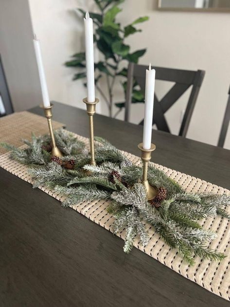 Dining Table Christmas Runner, Kitchen Table Decor Candle Sticks, Pine Garland Table Runner, Gold Christmas Table Runner, Xmas Dining Table Ideas, Christmas Table With Candlesticks, Christmas Decor With Candlesticks, Christmas Decor Dinning Room Table, Dining Table Christmas Decor Simple