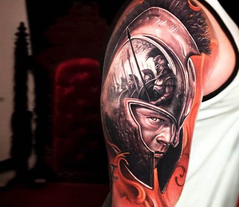 Very nice 2 colors realistic tattoo style of Achilles from Troy movie done by artist Arlo DiCristina | Post 21207 | World Tattoo Gallery - Best place to Tattoo Arts Troy Tattoo, Arlo Tattoo, Arlo Dicristina, Herren Hand Tattoos, Roman Tattoo, Gladiator Tattoo, Spartan Tattoo, Armor Tattoo, 13 Tattoos