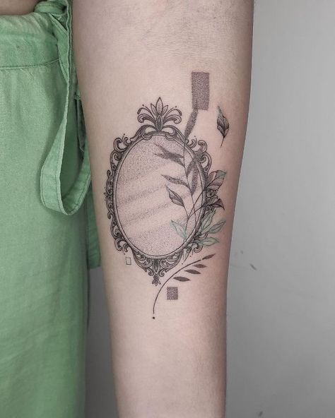 Floral Frame Tattoo, Fem Tattoos, Ghost Mirror, Mirror Tattoo, Tattoo Pieces, Mirror Tattoos, Framed Tattoo, Self Love Tattoo, Vine Tattoos