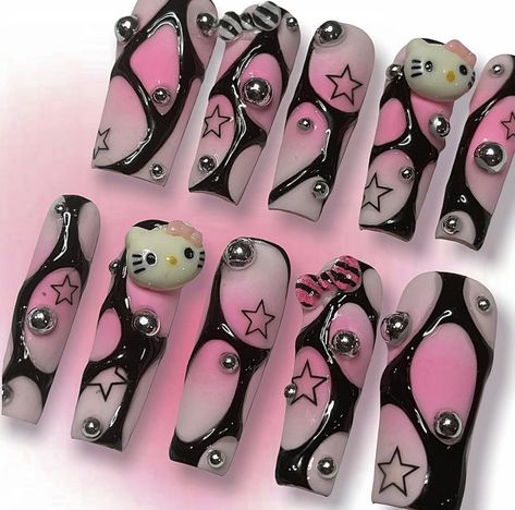 Hello Kitty nails Paznokcie Hello Kitty, Hello Kitty Nails Art, Nails Press Ons, Kitty Nails, Punk Nails, Grunge Nails, Cute Acrylic Nail Designs, Hello Kitty Nails, Y2k Nails