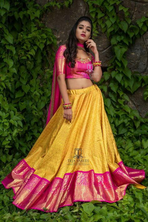 Yellow Choli, Pink Half Sarees, Indian Bridesmaids, Lehenga Saree Design, Simple Lehenga, Half Saree Lehenga, Lehnga Dress, Half Saree Designs, Long Gown Dress