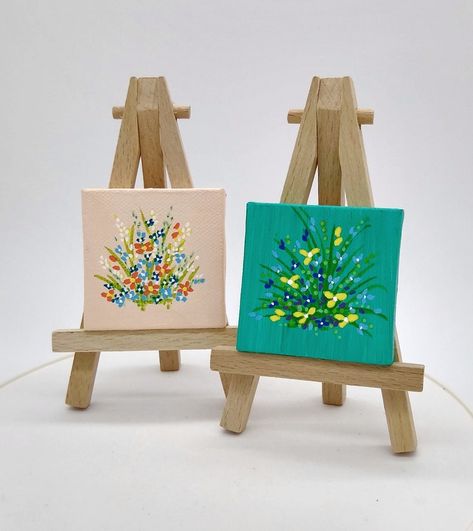 Tiny Yellow and Turquoise Flower Acrylic Painting on Canvas - Etsy UK Painting Small Canvas, Flower Acrylic Painting, Yellow And Turquoise, Flower Acrylic, Cream Flower, Small Canvas Paintings, Wooden Easel, Turquoise Flowers, Small Canvas Art