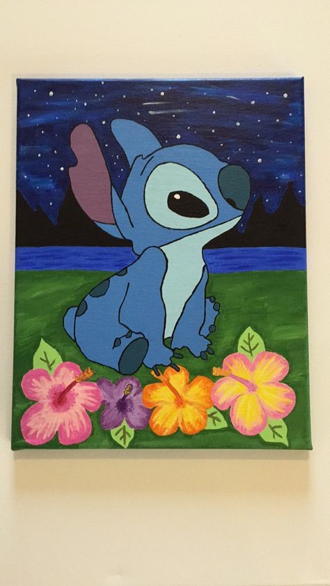 DIY Stitch painting from Lilo & Stitch. Disney inspired canvas painting. Painting Stitch, Disney Art Diy, Disney Canvas Paintings, Diy Stitch, Stitch Painting, Disney Canvas Art, Disney Canvas, Disney Paintings, Wallpaper Disney