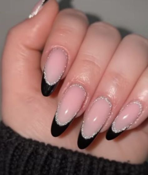 Black And Silver Oval Nails, Black Glitter Tip Nails, Formal Nails Almond, Simple Sparkle Nails, Formal Nails Acrylic, Black Glitter French Tip Nails, Formal Nail Ideas, Sparkly Almond Nails, Jewelled Nails