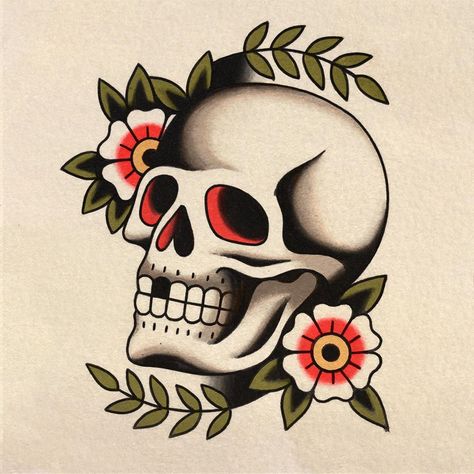 BECCA on Instagram: “Q’s been rough..here’s a skull💀🌺” Skull Tattoo Flash Sheet, Skulls Flowers Tattoo, Tradition Skull Tattoo, Sailor Jerry Skull Tattoo, Skull Traditional Tattoo Design, Traditional Tattoo Art Skull, Traditional Skull And Flower Tattoo, Trad Skull Tattoo Design, British Traditional Tattoo