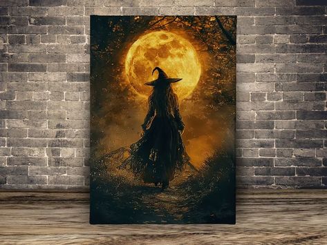 Magical Moon Witch Painting, Haunting Witch Canvas Print, Halloween Wall Art, Halloween Decor, Dark Witch Poster - Etsy Canvas Painting Ideas Fall, Witch Painting Ideas, Witchy Mansion, Halloween Canvas Paintings, Witch Poster, Witch Painting, Magical Moon, Painting Dark, Dark Paintings