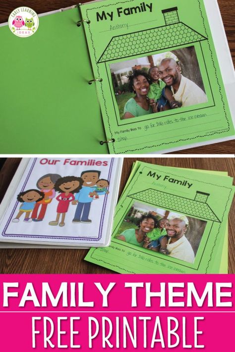 Here is a free family theme printable for you. It is a great activity to add to your Thanksgiving, all about me, or family theme lesson plans. Use the pages individually or bind them to create a class book (cover included) Perfect for preschool, pre-k, and kindergarten literacy centers. Complete the activity in class or send home for parents to complete with their kids. Preschool Family Theme, Family Activities Kindergarten, Kindergarten Literacy Centers, All About Me Preschool Theme, Me Preschool Theme, Family Activities Preschool, Preschool Family, All About Me Preschool, All About Me Activities