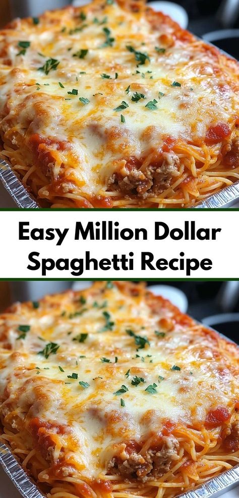 Searching for a flavorful dinner option? This Million Dollar Spaghetti Recipe is one of the best easy dinner ideas, offering a delightful combination of pasta, cheese, and savory sauce that makes for a perfect family meal. Million Dollar Spaghetti Recipe, Best Spaghetti Recipe, Spaghetti Casserole Recipe, Spagetti Recipe, Spaghetti Recipes Easy, Pasta Casserole Recipes, Baked Spaghetti Recipe, Million Dollar Spaghetti, Pasta Cheese