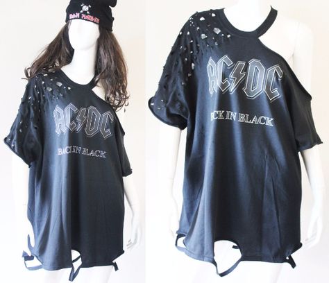 Diy Rock Shirt, Acdc Outfit Ideas, Ripped Shirts Diy, Diy Band Tee, Shirt Dress Outfit Ideas, Distressed T Shirt Dress, T Shirt Dress Outfit, Distressed Tshirt Diy, Cut Up T Shirt