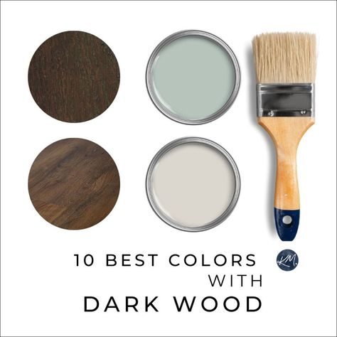 The 10 Best Paint Colors to Update Dark Wood (trims, floors, cabinets) - Kylie M Interiors Dark Wood Floor Wall Paint Color, Paint Colors For Dark Floors, Painting Dark Wood Furniture, Dark Brown Trim Interior, Dark Wood Floors Grey Walls, Wall Colors For Dark Wood Floors, Dark Wood Color Palette, Paint Colors That Go With Dark Wood, Dark Walnut Floors