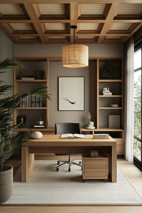 40 Japandi Office Design Ideas for a Balanced and Peaceful Space Japandi Workspace Design, Japandi Studio Room, Modern Japandi Office, Design Studio Office Ideas, Japandi Small Office, Scandinavian Office Design Workspaces, Japandi Interiors Green, Japandi Built In, Japandi Interiors Office