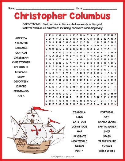 Christopher Columbus Craft, Christopher Columbus Worksheets, Christopher Columbus Activities, List Of Vocabulary Words, Free Word Search Puzzles, Happy Columbus Day, Puzzle Worksheet, Free Printable Puzzles, No Prep Activities