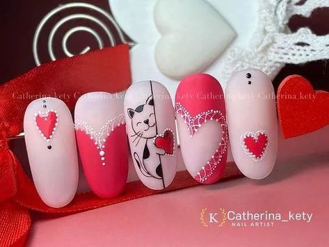 Nail Art Valentines Day Simple, Love Nail Art Designs, Saint Valentine Nails, Rockabilly Nails, Valentine Day Nails, Valentines Nail Art Designs, Classy Nail Art Ideas, Nails Valentine, New Years Nails