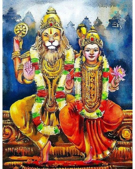 God Narayan is a manifestation of Vishnu in the Hindu religion. Narayana Wallpaper, Narasimha Swamy Painting, Narayan Wallpaper, Lord Narasimha, Lakshmi Narayan, Om Art, Tanjore Paintings, Ganesh Art Paintings, Indian Illustration