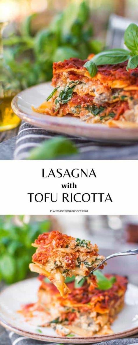 Tofu ricotta makes this lasagna stand out from the crowd. It has beautiful, colorful layers the whole family will love. | Plant-Based on a Budget #vegan #recipe #lasagna #tofu Tofu Lasagna, Freezer Meals For New Moms, Meals For New Moms, Vegan Lasagna Recipe, Vegetarian Freezer Meals, Cashew Ricotta, Tofu Ricotta, Vegan Spinach, Vegan Ricotta