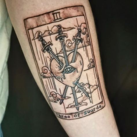 Three Of Swords Tarot, Three Of Swords, Black And Grey Tattoo, Tarot Card Tattoo, Mama Tried, Swords Tarot, Card Tattoo, Grey Tattoo, Nature Tattoos