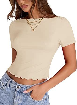 Rapbin Women Short Sleeve Basic Tops Ribbed Knit Tees Summer Boat Neck Crop Top Lettuce Trim Fitted Tshirts Boat Neck Crop Top, Summer Boats, Summer Boat, Neck Crop Top, Workout Tshirts, Knit Tees, Basic Tops, Boat Neck, Lettuce