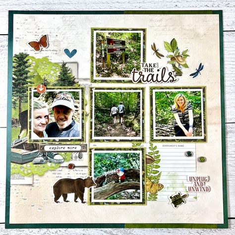 Nature Scrapbook Layouts, Hiking Scrapbook, Outdoors Scrapbook Layouts, Camping Scrapbook Layouts, Nature Scrapbook, Camping Scrapbook, Hiking Ideas, Photo Album Journal, Vacation Scrapbook