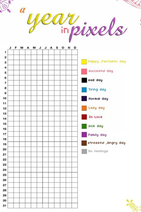 a year in pixels printable Year In Pixels Printable, Year In Pixels, Bullet Journal Ideas Templates, To Do Planner, Bullet Journal Mood Tracker Ideas, Bullet Journal Paper, Bullet Journal Tracker, Bulletin Journal Ideas, Daily Planner Pages