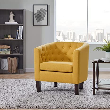 BELLEZE Elegant Berlinda Upholstered Tufted Barrel Chair Roll Armrest Accent Club Chair Living Room, Wooden Legs, Linen, Yellow Yellow Accent Chairs, Black Accent Chair, Tufted Accent Chair, Classic Armchair, Comfortable Place, Classic Bedroom, Leisure Chair, Club Chair, Bedroom Chair