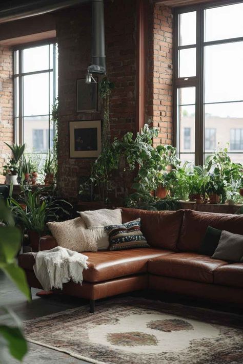 Indoor plants refreshing the rugged look of an industrial living room. Industrial Nature Interior, Industrial Eclectic Living Room, Industrial Apartment Aesthetic, Cozy Industrial Decor, Boho Industrial Living Room, Cozy Industrial Living Room, Brown And Green Living Room, Industrial Living Room Ideas, Rustic Industrial Living Room