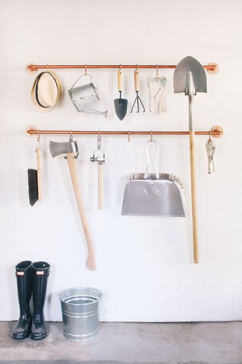 Your Garage Needs This DIY Copper Pipe Tool Organizer | Hunker Garage Wall Shelving, Ceiling Storage Rack, Garage Ceiling Storage, Pipe Railing, Garage Organization Tips, Ceiling Storage, Copper Diy, Led Diy, Copper Pipe