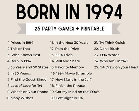 30th Birthday Party Games Born in 1994 30th Birthday Games 1994 Games 1994 Birthday Game 1994 Trivia 30th Games Printable - Etsy Fun Games For 30th Birthday Party, 30s Birthday Party Games, 30th Party Game Ideas, 30th Bday Party Games, 30th Bday Games, 30 Birthday Party Games, Rip 20s Birthday Party Games, 30th Birthday Party Theme For Men, 30rh Birthday Ideas