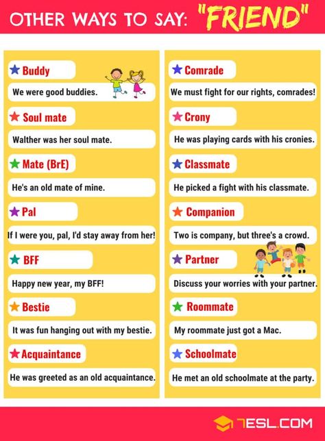 FRIEND Synonyms!!! Below is a list of 19 synonyms for FRIEND in English you can use in your daily conversation. Synonyms For Friends, Word For Friend, Other Ways To Say, Words With Friends, Conversational English, English Vocab, Learn English Grammar, Good Vocabulary Words, Good Vocabulary