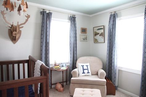 Using DIY and thoughtful room planning we were able to transform a tiny 9x11 bedroom into a functional and beautiful nursery. We utilized a custom built slide out changing table top, gray striped paint and navy blue accents.    #diy #nursery #boymom #boyn Cardboard Taxidermy, Ideas For Small Bedrooms, Tiny Nursery, Striped Nursery, Mobile Diy, Navy Blue Curtains, Ranch House Decor, Children Room Boy, Thrift Store Decor