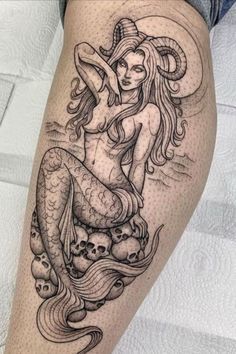 Mermaid Tattoo Leg Sleeve, Mermaid With Horns Tattoo, Mermaid And Skull Tattoo, Taurus Mermaid Tattoo, Mermaid Shin Tattoo, Gothic Siren Tattoo, Medusa Mermaid Tattoo, Realistic Mermaid Tattoo, Aries Mermaid