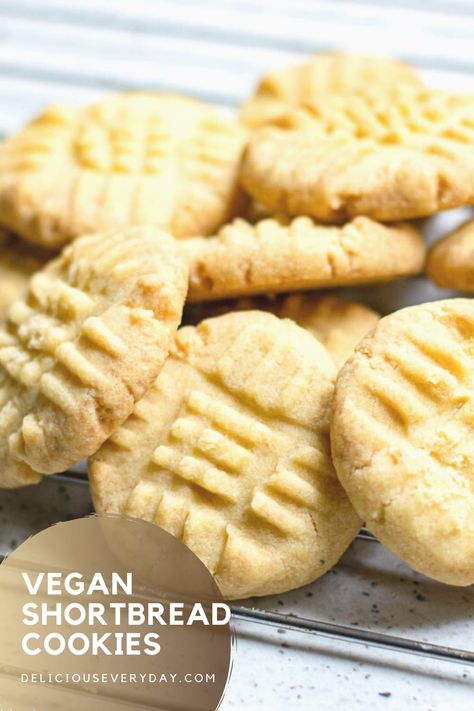 These vegan shortbread cookies are light and buttery and make for great gifts! They only take 3 ingredients and are done in a jiffy! Vegan Shortbread Cookies, Vegan Shortbread, Vegan Cookies Recipes, Vegan Bakery, Shortbread Cookie Recipe, Shortbread Recipes, Cookie Calories, Allergy Friendly Recipes, Foodie Friends