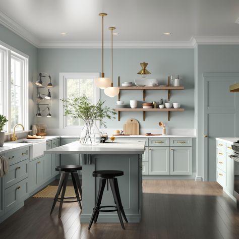 kitchen gray cabinets light blue walls Parma Gray Kitchen, Ice Blue Cabinets, Light Blue Gray Kitchen Cabinets, Light Blue Grey Kitchen Cabinets, Pale Blue Kitchen Walls, Blue Grey Kitchen Walls, Kitchen Blue Walls, Gray Blue Kitchen, Kitchen Gray Cabinets