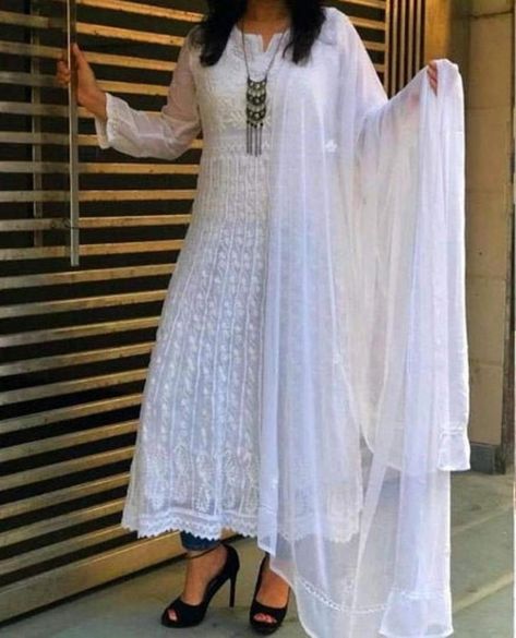 Lucknowi Chikankari Georgette Anarkali Kurta With stole | Etsy Chikankari Anarkali Kurta, Lucknowi Chikankari Suits, White Salwar Suit, Chikankari Anarkali, Kurta With Dupatta, Georgette Anarkali, Chikankari Suits, Lucknowi Chikankari, Bollywood Dress