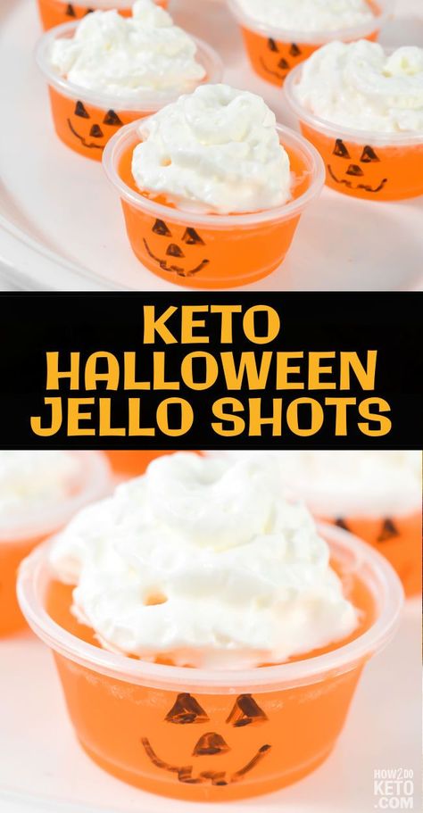 These bright orange jello shots are decorated to look like a Jack-O-Lantern and have 0 grams net carbs! Orange Jello Shots, Keto Halloween, Halloween Jello Shots, Halloween Jello, Keto Holiday Recipes, Orange Jello, Keto Holiday, Festive Cocktails, Jello Shots