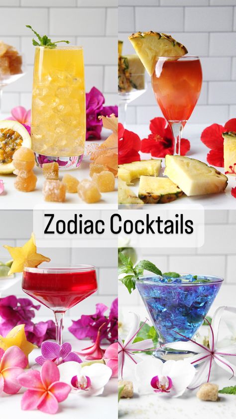 Four colorful, tropical cocktails Zodiac Alcohol Drinks, 30th Birthday Drinks Alcohol, Cute Birthday Cocktails, Drink Theme Ideas, Zodiac Sign Cocktails, 25th Birthday Cocktails, Friend Cocktail Night, Zodiac Cocktails Sagittarius, Zodiac Signs Party Theme