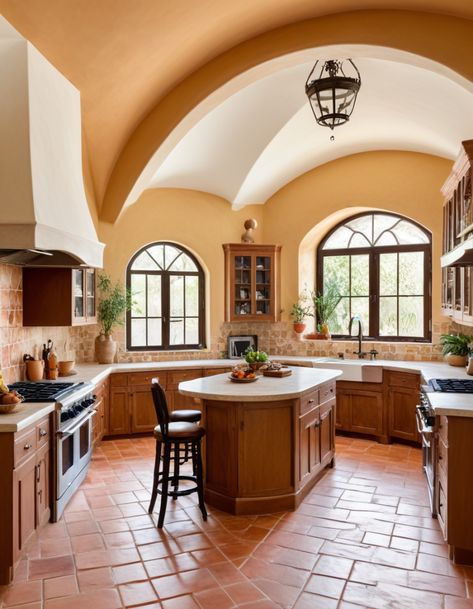 Mexican Style Kitchens Haciendas, Southwestern Interior Design Kitchen, Terracotta Floors Kitchen, Spanish Style Flooring, Kitchen With Terra Cotta Tile Floor, Hacienda Style Homes Mexican Kitchen, Small Hacienda Style Homes, Spanish Flooring, Saltillo Tile Kitchen