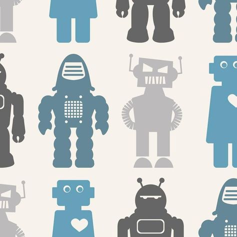 Paper Robot, Robot Wallpaper, Robot Theme, Wallpaper In Blue, Robot Sculpture, Cream Wallpaper, City Boy, Grey Wallpaper, Wall Covering