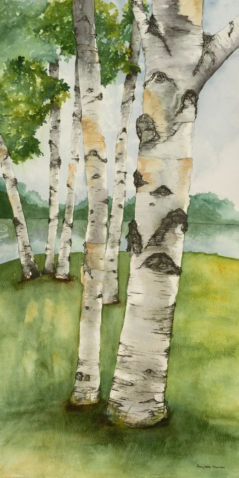 Watercolour Birch Trees, Birch Tree Painting Watercolor, Watercolor Birch Trees Tutorial, Birch Watercolor, Birch Tree Drawing, Birch Tree Watercolor, Watercolor Birch Trees, Watercolor Figures, Church Illustration