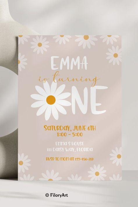 🌼 Celebrate your little one's first birthday with our adorable Daisy First Birthday Party Invitation! 🎉 This boho-inspired invitation features a charming daisy design that is sure to delight. 🌸 With its retro vibes and vibrant colors, it's the perfect way to set the tone for a fun and memorable celebration. 🎈 #FirstBirthdayParty #DaisyBirthdayInvitation #BohoPartyInvite #RetroTheme #InstantDownload #PartyTime #1stBirthdayCelebration #DaisyLove #PartyInvitation #BirthdayFun Daisy First Birthday Party, Daisy 1st Birthday, Daisy First Birthday, Daisy Invitations, 1st Birthday Party Invitations, Daisy Love, Retro Daisy, 1st Birthday Invitation, Daisy Design