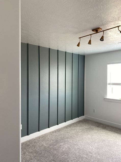 Benjamin Moore Brewster Gray, Accent Wall Boys Bedroom, Board And Batten Nursery, Brewster Gray, Boy Room Accent Wall, Diy Board And Batten Wall, Diy Board And Batten, Green Wall Color, Nursery Accents