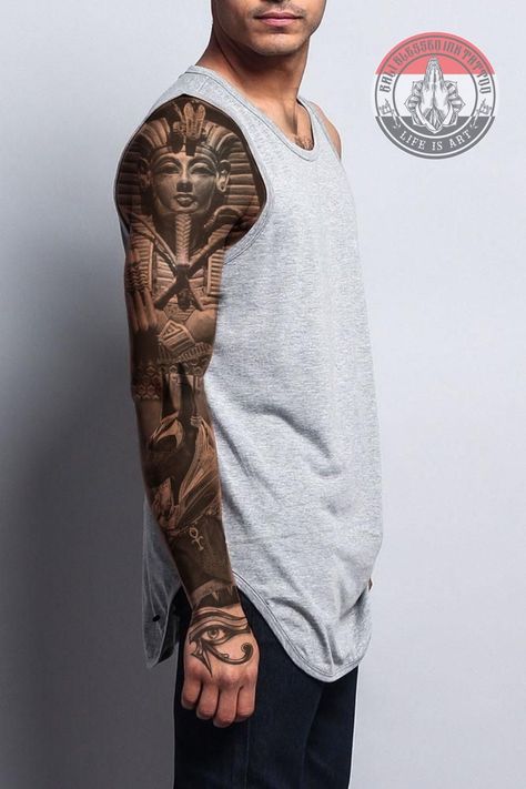 Egyptian Tattoo Sleeve Men Arm, Egyptian Sleeve, Tattoo Full Sleeve, Ak47 Tattoo, Calf Tattoo Ideas, Egypt Tattoo Design, Arm Cover Up Tattoos, Roy Cohn, Armband Tattoos For Men