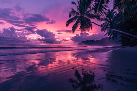 Adventure Palm Fringed Beach with Vibrant Pink and Purple Hues of Twilight Reflecting on the Waters Surface nature background Seasonal Backgrounds, Sunsets Hawaii, Calming Images, Purple Beach, Purple Sunset, Sunset Sea, Nature Background, Beach Background, Natural Background