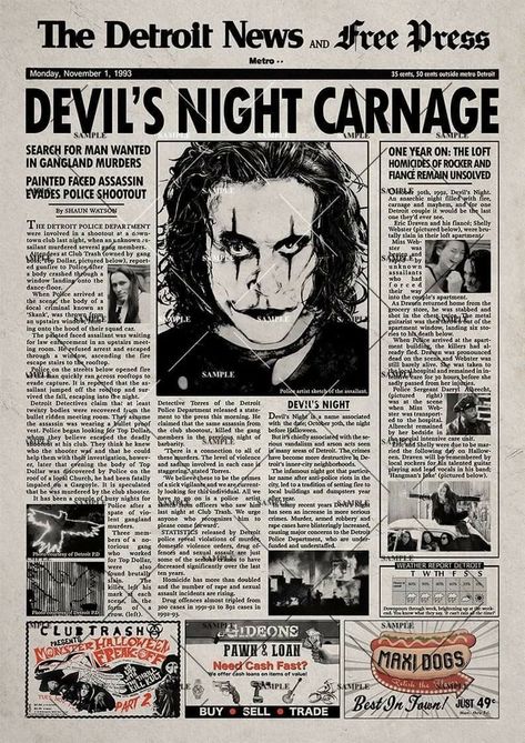 Horror Newspaper, The Crow Eric Draven, Missing Poster, The Crow 1994, Detroit Police Department, Eric Draven, Crow Movie, Vhs To Dvd, Newspaper Ads