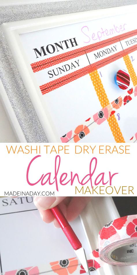 Washi Tape Dry Erase Calendar Makeover, Customize a Dry Erase calendar with Washi Tape! #washitape #calendar #dryerase Desk Calendar Ideas, Washi Tape Calendar, Office Desk Calendar, Diy Dry Erase Board, Diy Whiteboard, Diy Desk Calendar, Washi Tape Projects, Dry Erase Board Calendar, Make A Calendar